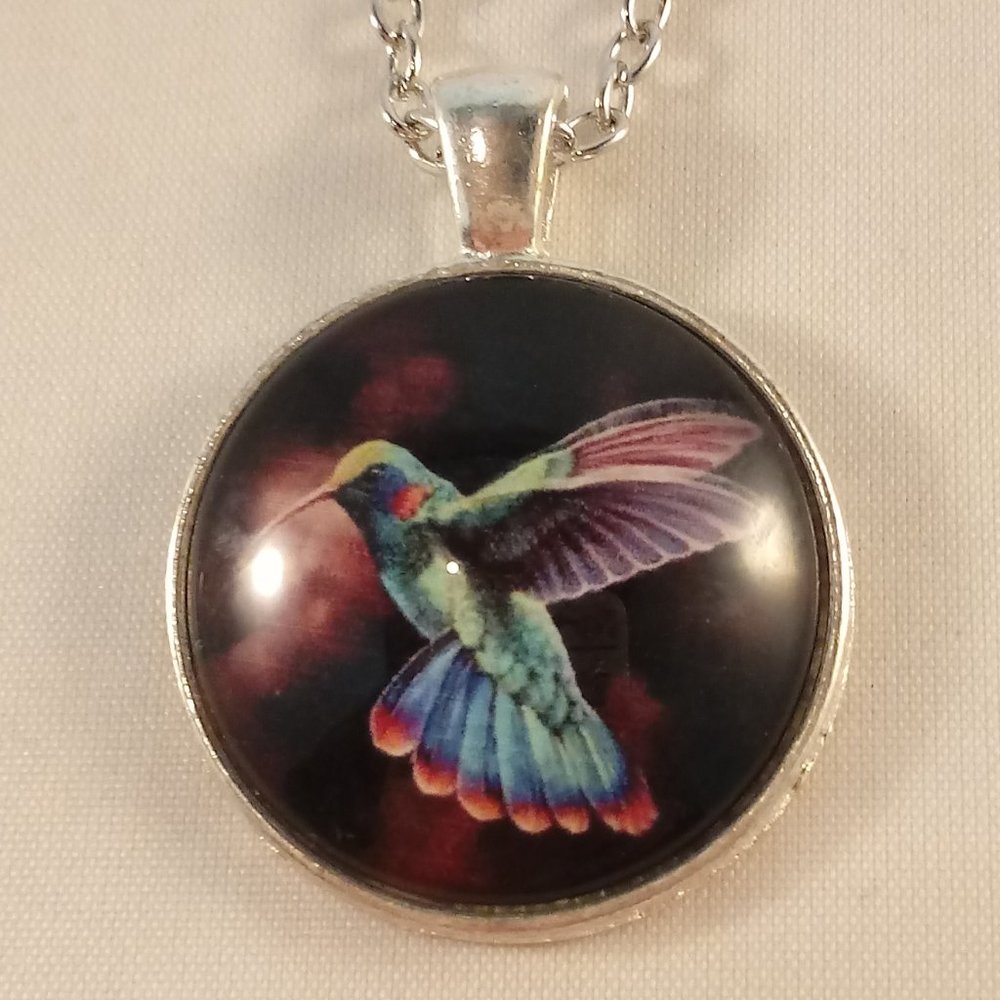 Silver Mystical Hummingbird Cabochon Pendant Chain Necklace Gift